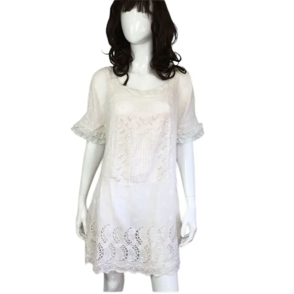 Free People Intimately White Short Sleeve Lace Mini Boho Cottagecore Dress  M